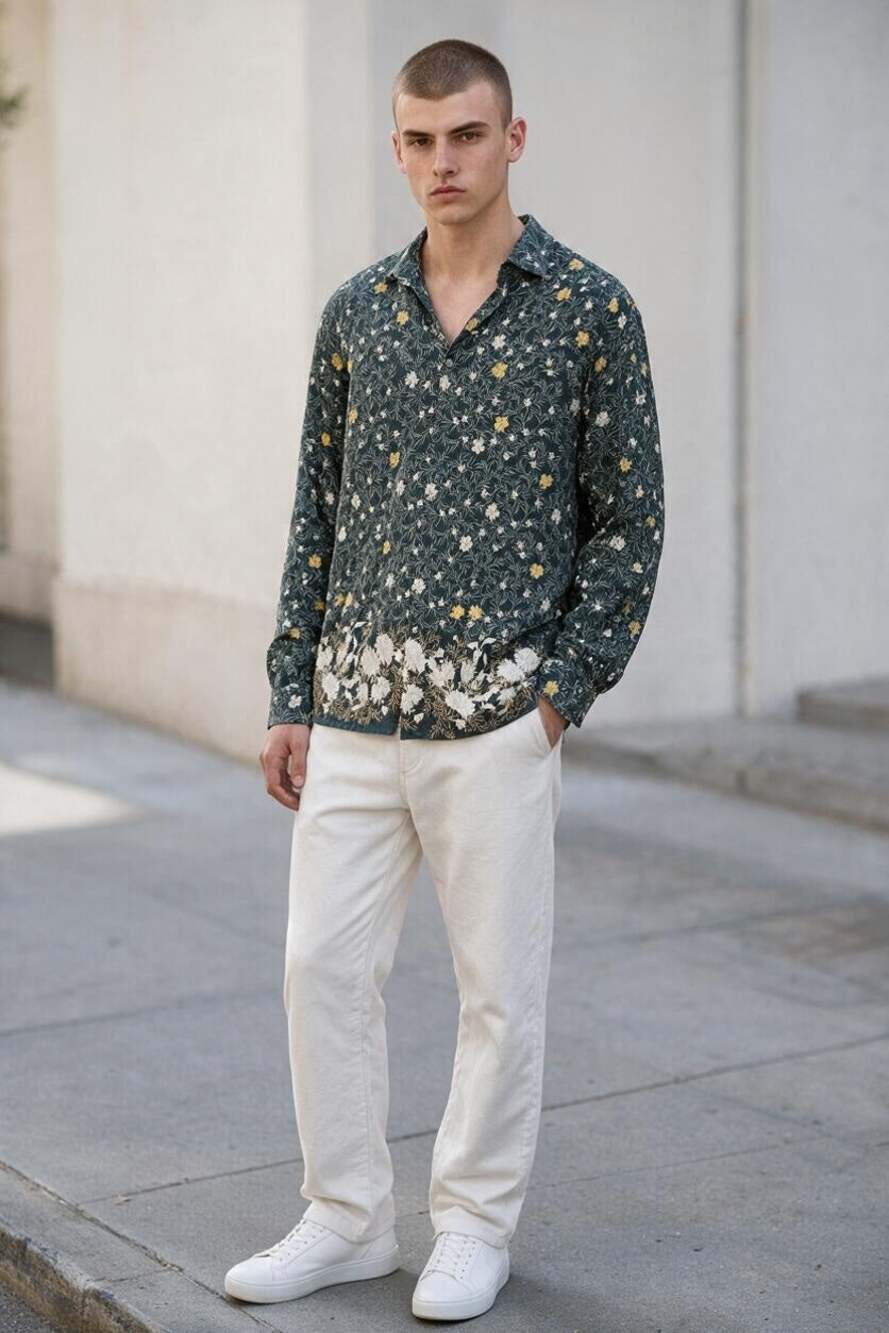 REISS Marcie Button Down Floral Shirt Size L NEW Green Long Sleeve Casual Collar